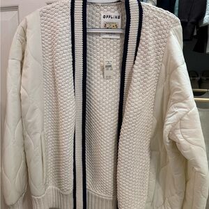 Aerie Cream and Navy Textured Bomber Jacket